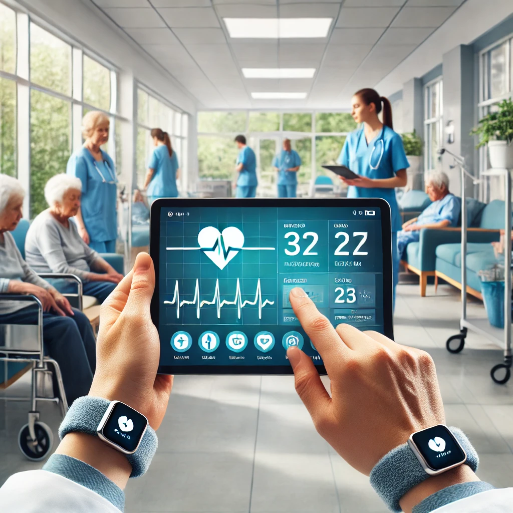 02 - A healthcare worker using a tablet or monitor to track real-time data of elderly patients in a care facility, connected to wearable devices by Findemm