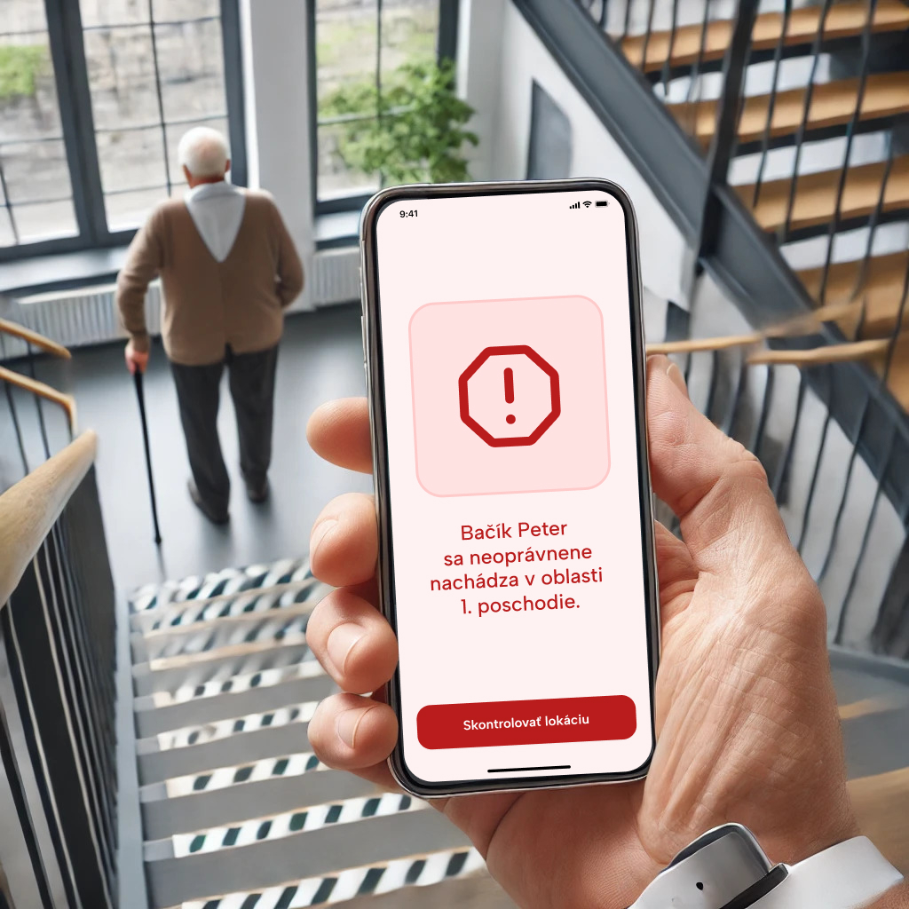 03 [Findemm] - A senior care facility with a focus on a staircase marked as a restricted area for safety, featuring a digital monitoring system from Findemm. A Centr