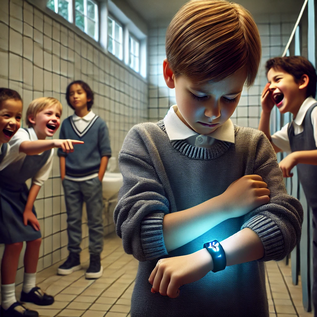 04 - A school restroom scene in a Central European setting, showing a young boy with a sad expression wearing an emergency wristband with a subtle glow, su