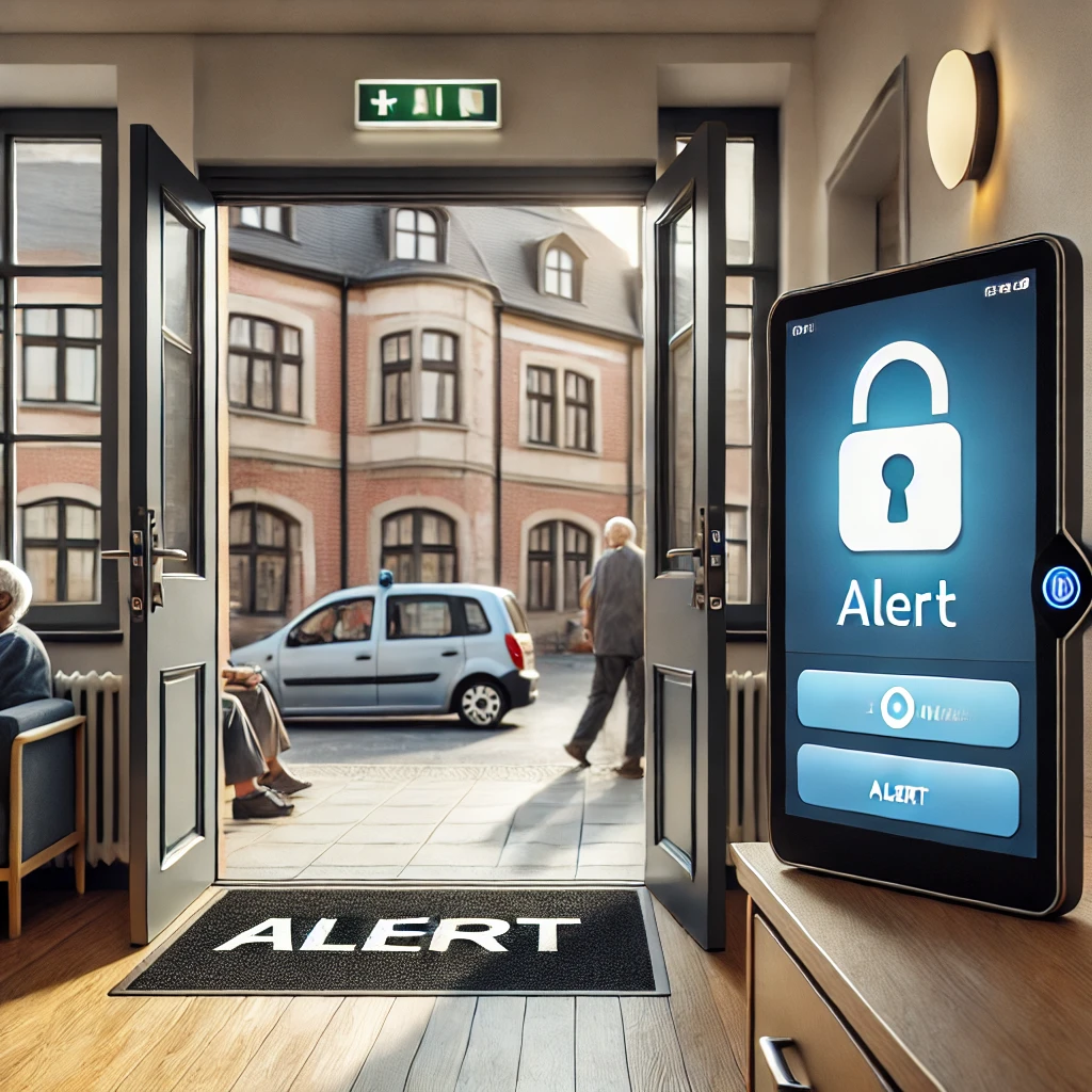 05 - An open main door leading from the interior of a social care facility to a Central European street, showing people and a parked car outside.